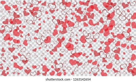 Part of the design of wallpaper, textiles, packaging, printing, holiday invitation for birthday. Red on Transparent fond Vector. Stylish background. Red hearts of confetti are falling.