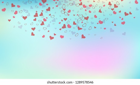 Part of the design of wallpaper, textiles, packaging, printing, holiday invitation for birthday. Red on Gradient background Vector. Red hearts of confetti are flying. Stylish background.