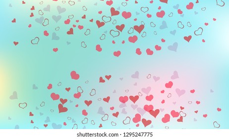 Part of the design of wallpaper, textiles, packaging, printing, holiday invitation for birthday. Red on Gradient background Vector. Red hearts of confetti are falling. Festive background.