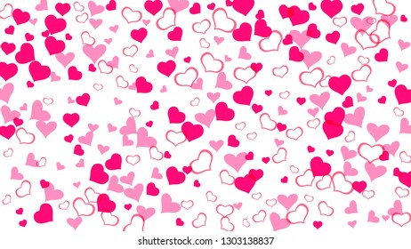 Part of the design of wallpaper, textiles, packaging, printing, holiday invitation for Valentine's Day. Spring background. Red hearts of confetti crumbled. Red on White fond Vector.