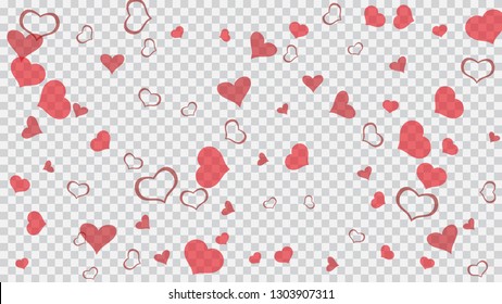 Part of the design of wallpaper, textiles, packaging, printing, holiday invitation for wedding. Red hearts of confetti are flying. Light background. Red on Transparent background Vector.