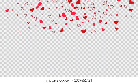 Part of the design of wallpaper, textiles, packaging, printing, holiday invitation for Valentine's Day. Festive background. Red on Transparent background Vector. Red hearts of confetti are falling.