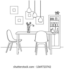 Part of the dining room. On the table vase of flowers.  Lamps hang over the table. Hand drawn sketch.Vector illustration.