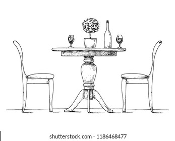 Part of the dining room. Round table and chairs.On the table vase of flowers.  Hand drawn sketch.Vector illustration