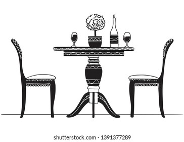 Part of the dining room. Round table and chairs.On the table vase of flowers.  Hand drawn sketch.Vector illustration