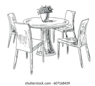 Part Of The Dining Room. Round Table And Chairs.On The Table Vase Of Flowers.  Hand Drawn Sketch.Vector Illustration.