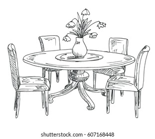 Part Of The Dining Room. Round Table And Chairs.On The Table Vase Of Flowers.  Hand Drawn Sketch.Vector Illustration.