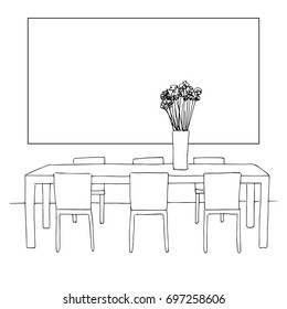 Part of the dining room. Table and chairs.On the table vase of flowers. Frame on the wall for Fitting Your information. Hand drawn sketch.Vector illustration.