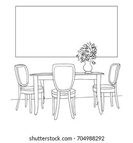 Part of the dining room. Table and chairs.On the table vase of flowers. Frame on the wall for Fitting Your information. Hand drawn sketch.Vector illustration.