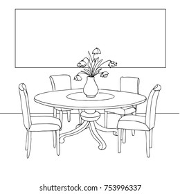 Part of the dining room. Table and chairs.On the table vase of flowers. Frame on the wall for Fitting Your information. Hand drawn sketch.Vector illustration.