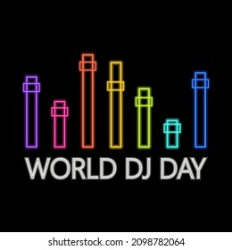 Part of the dj console with neon effect in the style of the contour of different color inscription world dj day with white glow. Vector illustration of neon objects. For party decoration