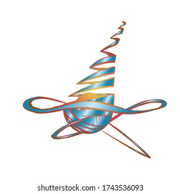 Part of the drawing is an abstract planet, fantasy style, the universe, the collapse of the planet into parts, the exit of the spiral