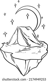 Part of the earth, tent, stars and moon, hand draw line vector illustration.