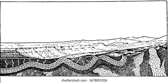 The part of the earth's crust, with a landscape above. Granite and other crystalline rocks appear with irregular outlines at the bottom of the section, vintage line drawing or engraving illustration.