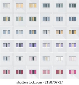Part of the facade of a panel house. Eastern European architecture. Dormitory area. Windows vector set. 