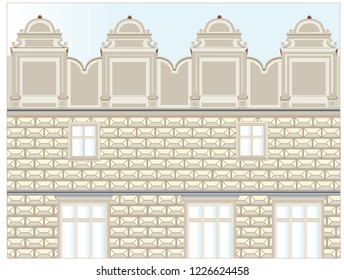 Part of the facade of a significant palace in a significant city of Early Baroque style with distinctive decorative elements, a large atic and distinctive, plastic façade.
