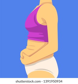 Part Of Female Body, Woman Clamping Fold Of Fat Belly With Her Hands, Side View, Human Figure After Weight Loss, Obesity And Unhealthy Eating Problems Vector Illustration