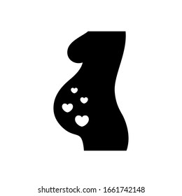 Part of female pregnant figure with hearts in belly. Cutout silhouette icon of multiple pregnancy. Black simple illustration of baby heartbeat. Flat isolated vector image on white background