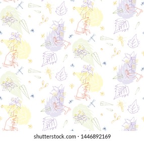 Part of the field of plants and flowers in a random pattern. Seamless vector texture. For fashion prints.
