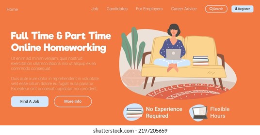 Part and full time online homeworking. Distant job or freelance offers and proposals on market. Flexible hours. Website landing page template, internet site. Vector in flat style illustration