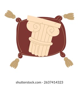 Part of Greek column, the capital on a cushion with tassels as museum exhibit. Ancient finds for the museum. Flat color illustration. scientific projects, encyclopedias, museum exhibitions, history