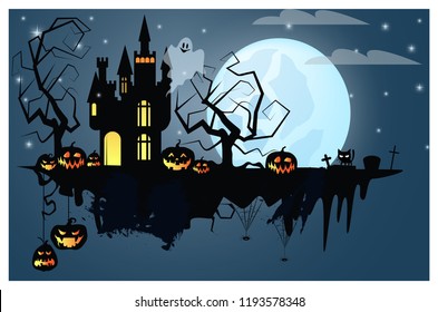 Part of ground with Halloween characters vector illustration. Pumpkins, ghost, black cat on full moon. Mystery concept 