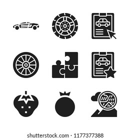 part icon. 9 part vector icons set. strawberry, wheel and pomegranate icons for web and design about part theme