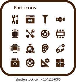 part icon set. 16 filled part icons. Included Settings, Screw, Pipe, Pulley, Brake disc, Cpu, Wheel, Ear, Timing belt, Match, Puzzle icons