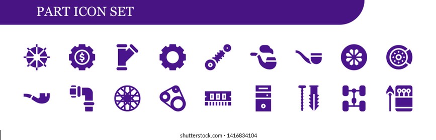 part icon set. 18 filled part icons.  Collection Of - Steering wheel, Settings, Pipe, Suspension, Wheel, Brake disc, Pipes, Spoke wheel, Timing belt, Ram, Cpu, Screw, Chassis