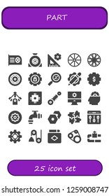  part icon set. 25 filled part icons. Simple modern icons about  - Cpu, Wheel, Settings, Spoke wheel, Percentage, Motor, Suspension, Setting, Pipe, Puzzle, Pulley, Match, Timing belt