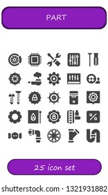 part icon set. 25 filled part icons.  Collection Of - Brake disc, Cpu, Settings, Screw, Wheel, Pipe, Levels, Steering wheel, Match, Suspension, Percentage, Pipes, Spoke wheel