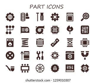  part icon set. 30 filled part icons. Simple modern icons about  - Settings, Suspension, Screw, Setting, Match, Percentage, Gearshift, Cpu, Turbo, Matches, Spring, Pulley, Level