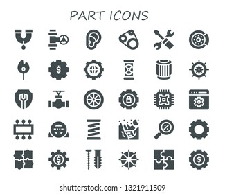 part icon set. 30 filled part icons.  Simple modern icons about  - Pipe, Ear, Timing belt, Settings, Brake disc, Match, Pipes, Pulley, Wheel, Cpu, Setting, Steering wheel, Spring