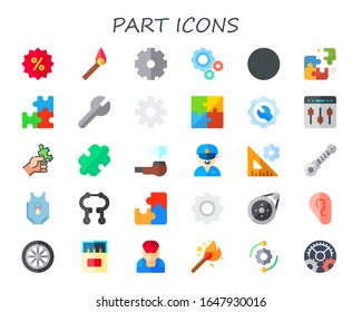 Icon-Set. 30 flache Teilsymbole. Inbegriffen Prozentsatz, Übereinstimmung, Einstellungen, Puzzle, Rohr, Fahrer, Suspension, Körper, Bremse, Keim, Keim, Hören, Rad, Streichhölzer, Mechanische Symbole