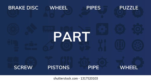part icon set. 32 filled part icons. on blue background style Simple modern icons about  - Brake disc, Wheel, Pipes, Puzzle, Screw, Pistons, Pipe, Pulley, Ram, Timing belt, Percentage