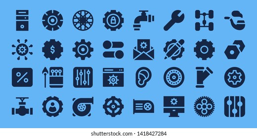 part icon set. 32 filled part icons. on blue background style Simple modern icons about  - Cpu, Settings, Percentage, Pipe, Wheel, Matches, Spoke wheel, Turbo, Ear, Chassis, Levels
