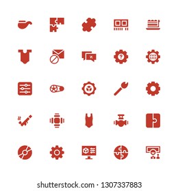 part icon set. Collection of 25 filled part icons included Wheel, Puzzle, Settings, Disc, Pipe, Body, Match, Crankset, Percentage, Blocked, Piece, Ram