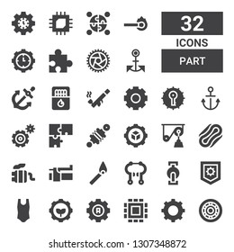 part icon set. Collection of 32 filled part icons included Wheel, Settings, Cpu, Body, Pedal, Brake, Match, Exhaust pipe, Compress, Pulley, Damper, Puzzle, Anchor, Pipe, Matches