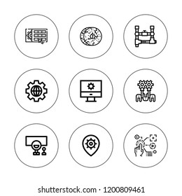 Part icon set. collection of 9 outline part icons with finger control, pipe, pistons, settings icons. editable icons.