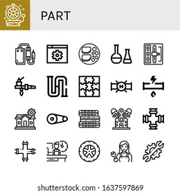 part icon set. Collection of Wheel, Pedal, Settings, Chicken breast, Chemical, Shift stick, Pipe, Piping, Puzzle, Broken pipe, Setting, Pulley, Tires, Engine, Shift, Mechanic icons