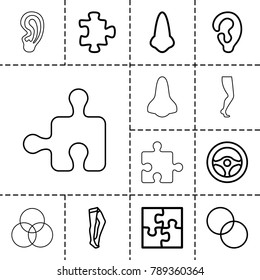 Part icons. set of 13 editable outline part icons such as puzzle, nose, ear, tights, circle intersection