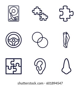 part icons set. Set of 9 part outline icons such as puzzle, nose, ear, tights, circle intersection, hard disc