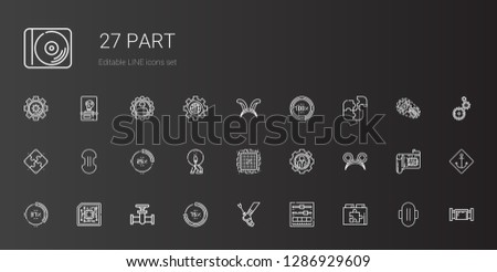 part icons set. Collection of part with web plugin, setting, achilles, percentage, pipe, cpu, ears, settings, match, compress, puzzle, anchor. Editable and scalable part icons.