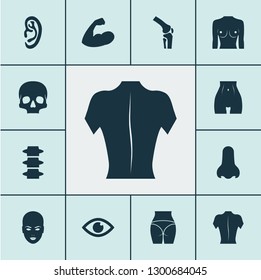 Part icons set with face, joint, arm and other skeleton elements. Isolated vector illustration part icons.