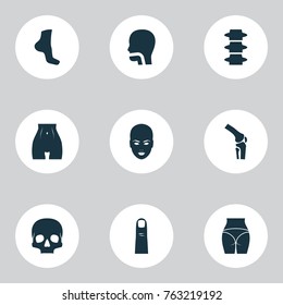 Part icons set with head, knee, gesture and other head elements. Isolated vector illustration part icons.