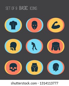 Part icons set with leg, head, back and other head elements. Isolated vector illustration part icons.