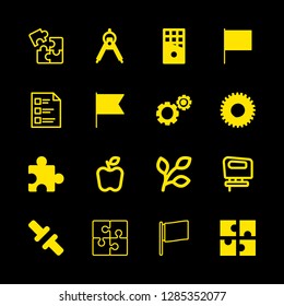 part icons set with puzzle black piece shape, exam with three questions and two filled rectangular parts vector set