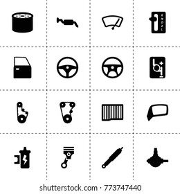 Part icons. vector collection filled part icons. includes symbols such as steering wheel, air filter, oil filter, timing belt, suspension. use for web, mobile and ui design.