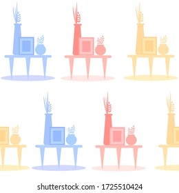 Una parte de la decoración está representada: una mesa, un marco para una foto y macetas floridas con flores. Se han utilizado colores delicados: azul, rosa y naranja. Imagen vectorial plana.