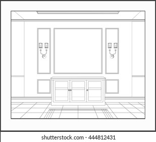 Part of the interior with a front perspective. Interior in classical style. Vector illustration. linear contour drawing